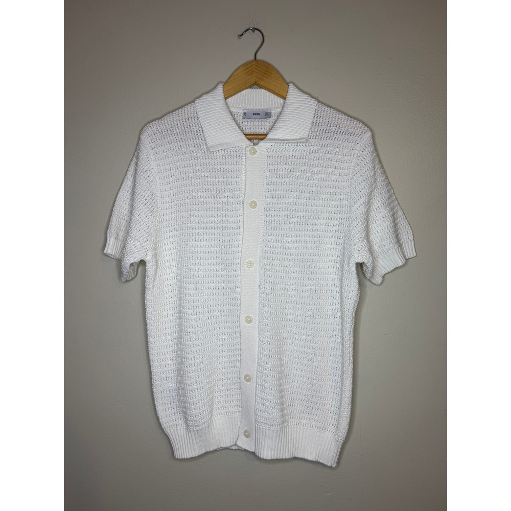 Mango MNG White Knit Button Up Short Sleeve Textured Crochet Shirt Small